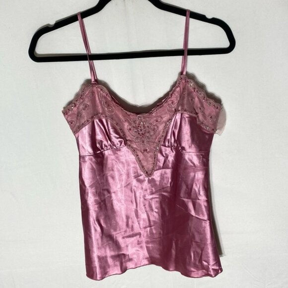 Vintage Y2K Sirens Pink Satin Embroidered Beaded Camisole Going Out Top M - Picture 1 of 14
